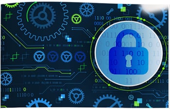 Blue security lock with images of cogs in the background