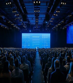 Conference with hundreds of people looking at conference stage 