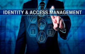 Text identity & access management | images: man in suit pressing abstract images