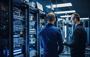 Two men standing in a network center