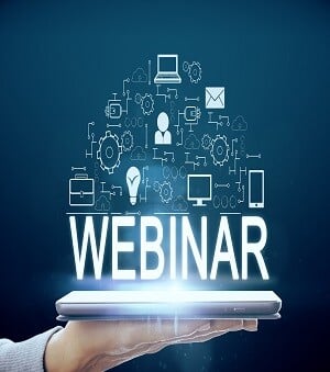 word "webinar" with abstract images of computers, cogs, lightbulbs